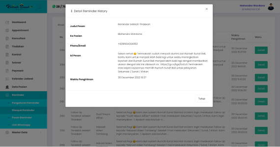 Aplikasi Reminder Follow Up Pasien via Whatsapp Saat Detail Reminder History