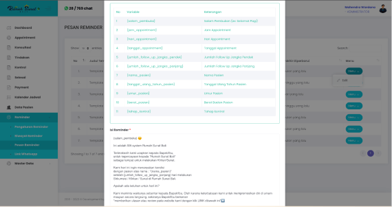 Aplikasi Reminder Follow Up Pasien via Whatsapp Saat Edit Pesan Reminder
